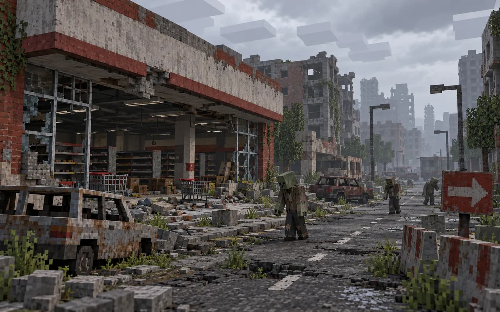 Ilustración de una calle de la ciudad en ruinas con un supermercado saqueado e infectados